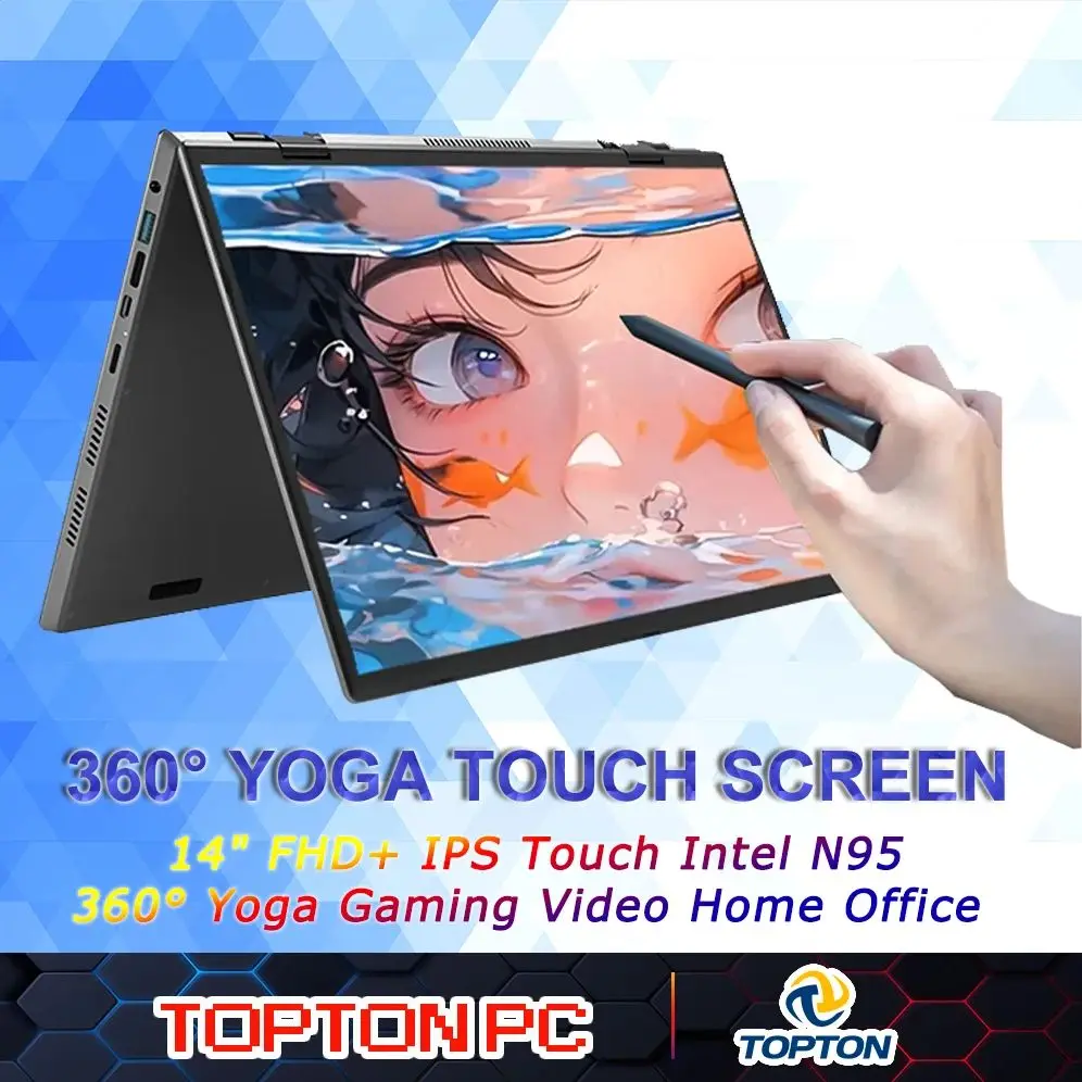 2025 Desenho Laptops Tela Dupla 360 °   Laptop YOGA Intel N95 de 12a geração 2 * 14 polegadas 2,5K Touch IPS Windows Tablet PC 2 em 1 Notebook