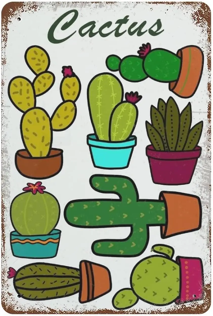 Lovely Various Vibrant Cactus Succulent Bouquet Vintage Tin Sign Decorable Cute Cacti Wall Art Southwestern Floral Decor