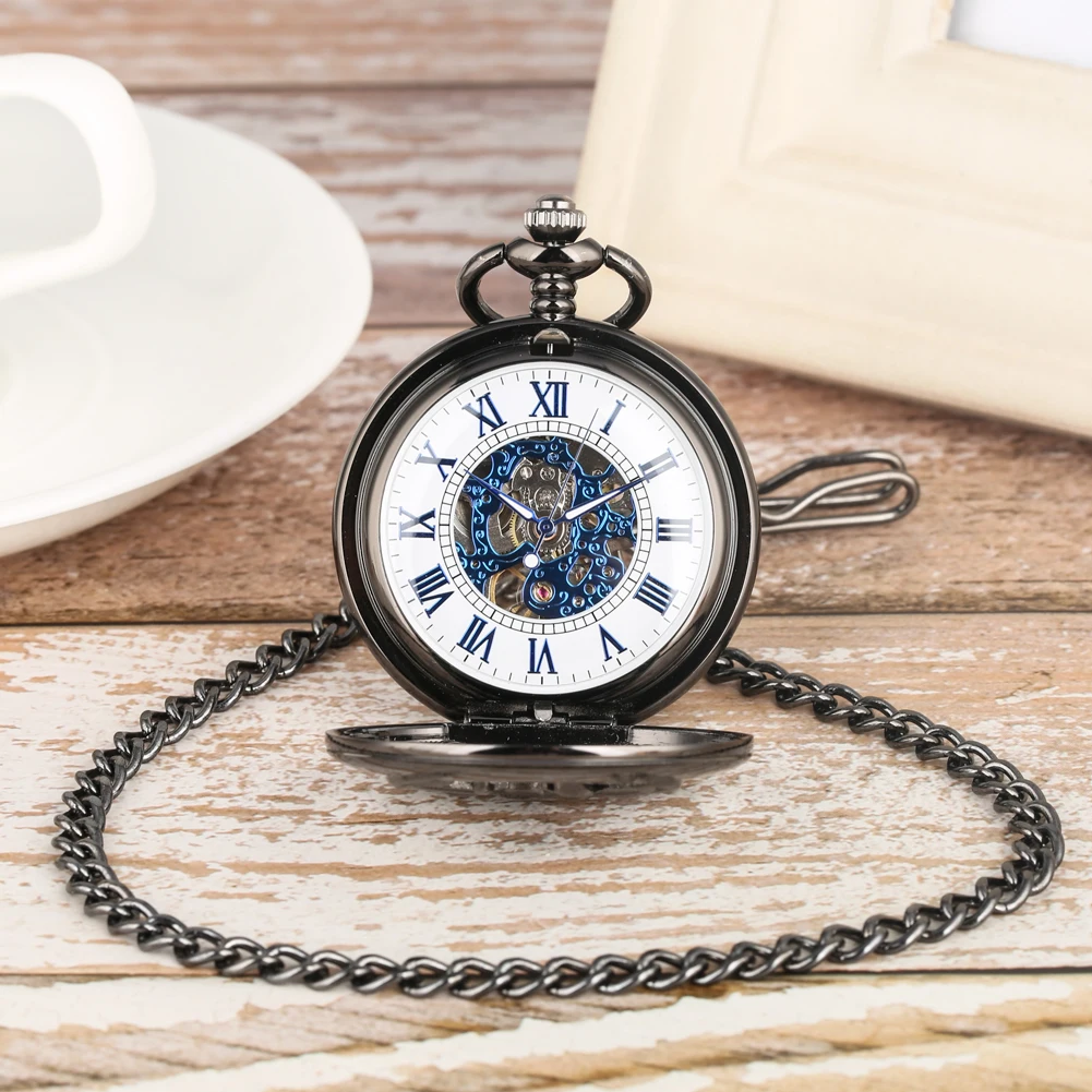 Vintage Reindeer Head Half Hunter Manual Mechanical Pocket Watch Blue Roman Numerals Dial Fob Chain Pendant Clock Christmas Gift