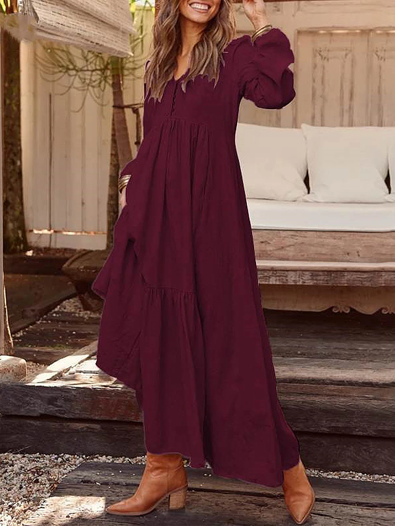 Herfst Midi-jurk met lange mouwen en V-hals voor dames Knoopdetail Effen kleur Casual Dagelijks Basic Lange jurken