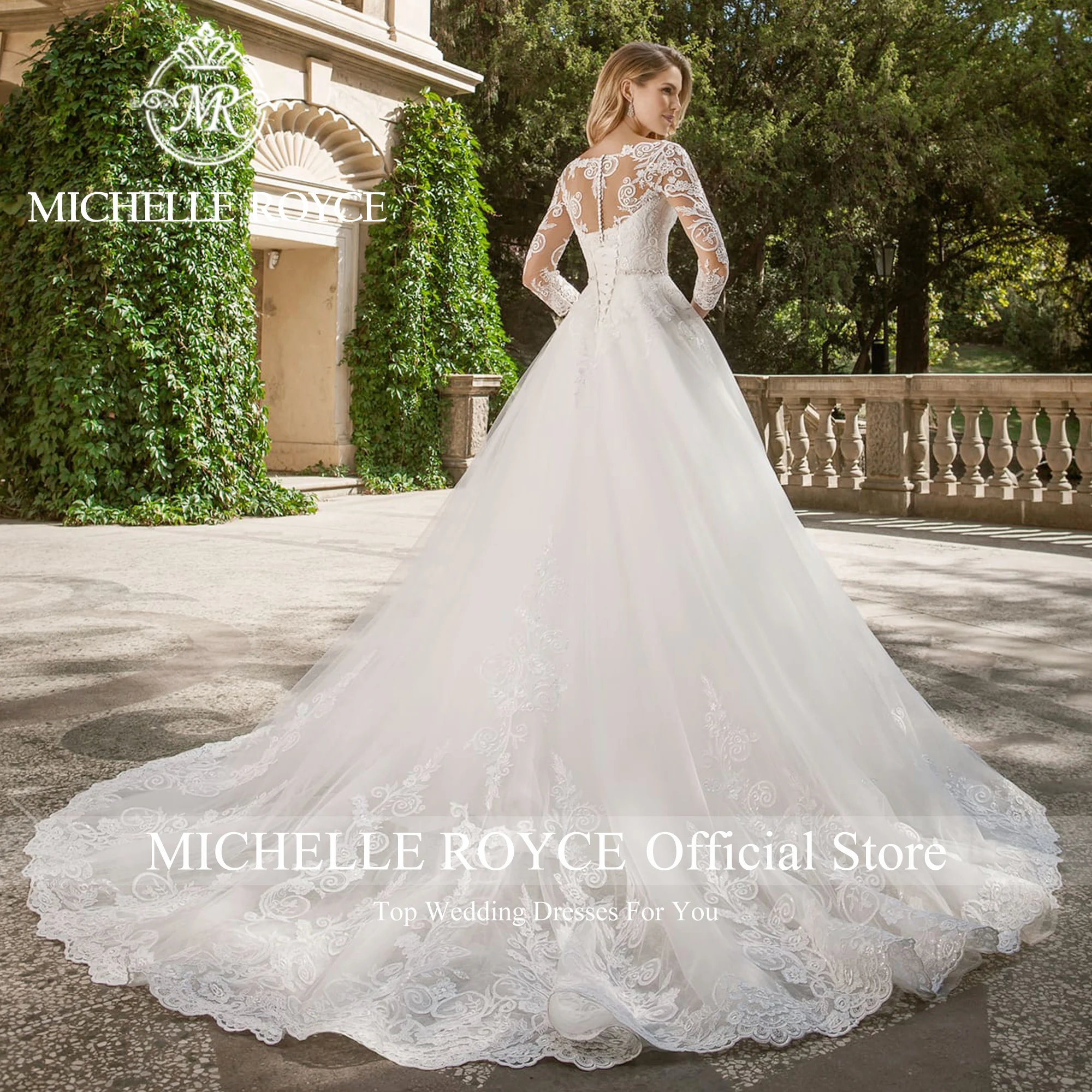 Michelle Royce-Robe de mariée avec ceinture perlée, robe de Rh, manches trois quarts élégantes, train court, robe de mariée éducative