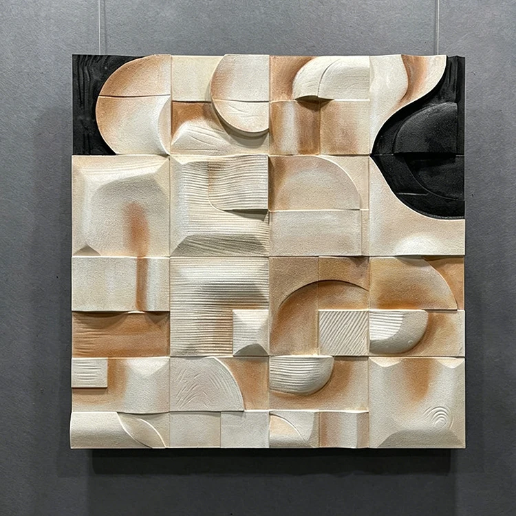 %S_ 3D Geometric Wood Wall Art Abstract Relief Sculpture Painting Neutral Beige Black Home Decor for Living Room