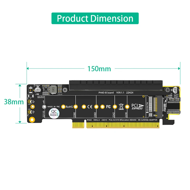 PCI Express X16 to Dual M2 NVME M Key + PCIE X16(X8 Signal) Slot Riser Card Board Motherboard Support PCI-E Bifurcation Function