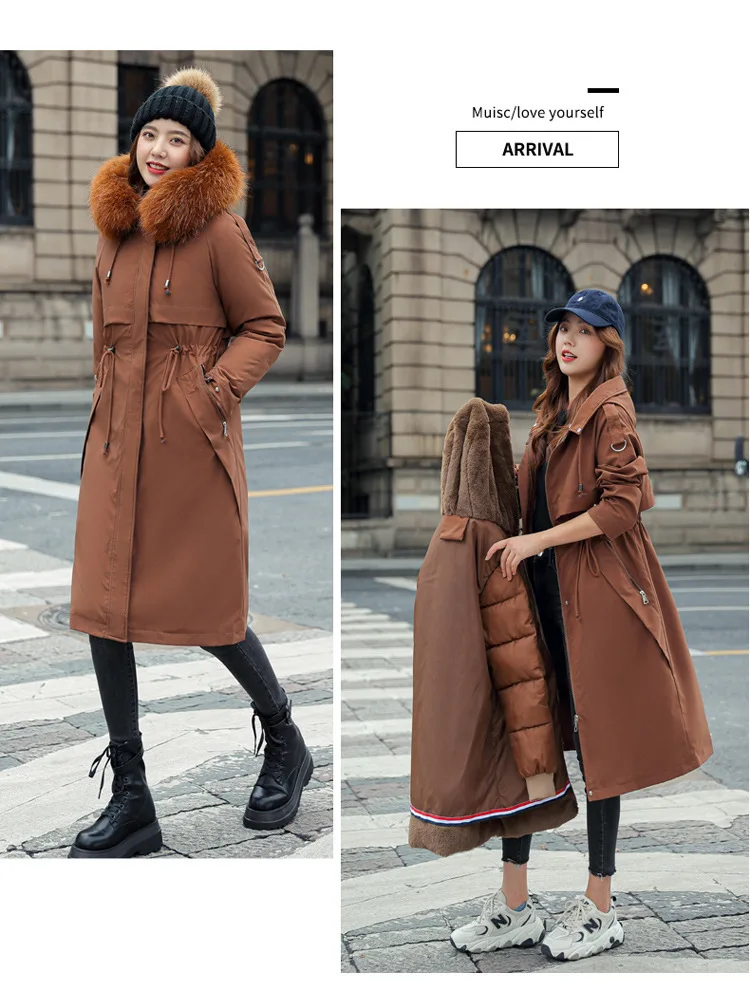 Women Hooded Parkas Coats Long Jackets Solid Detachable Big Fur Lenth Collar Zipper Drawstring Slim Fit Thick Casual 2025 Winter