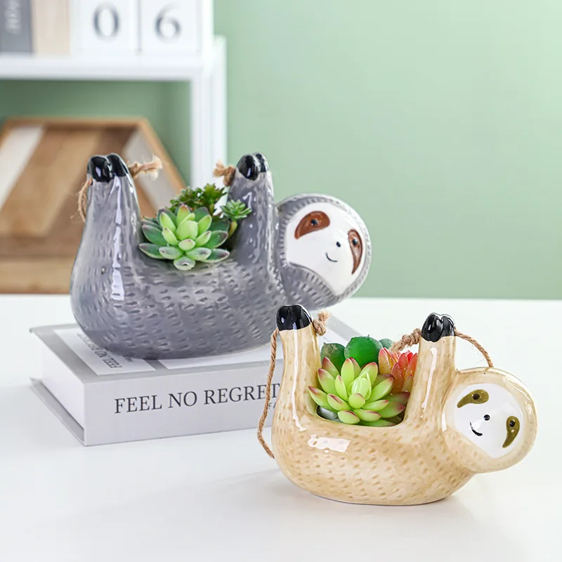 Cute Cartoon Sloth Ceramic Hanging Flower Pot - Large Diameter, Lightweight, Suitable for Indoor Succulents and Small Flowers.