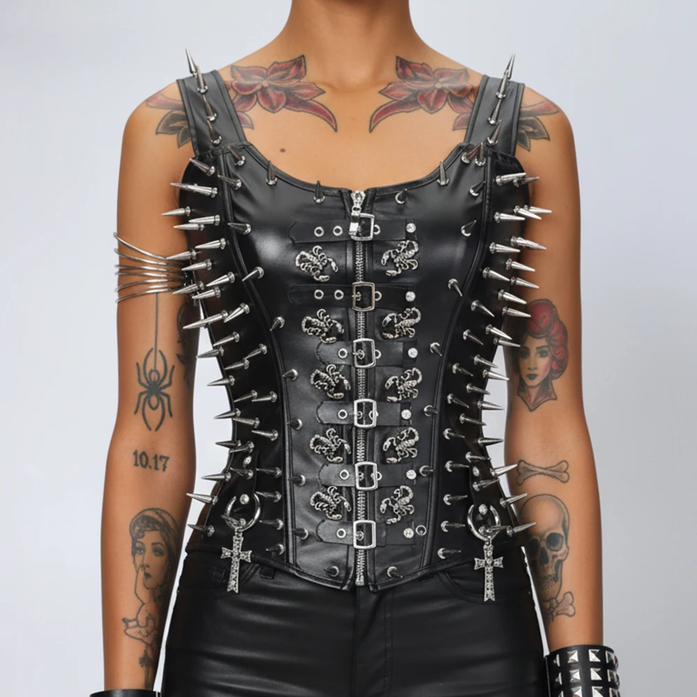 Women's Y2K Emo Clothing Grunge Goth Cross Tanks Top with Spikes Studded Scorpion Punk Rock Design for Rave Festival Shirt Teens