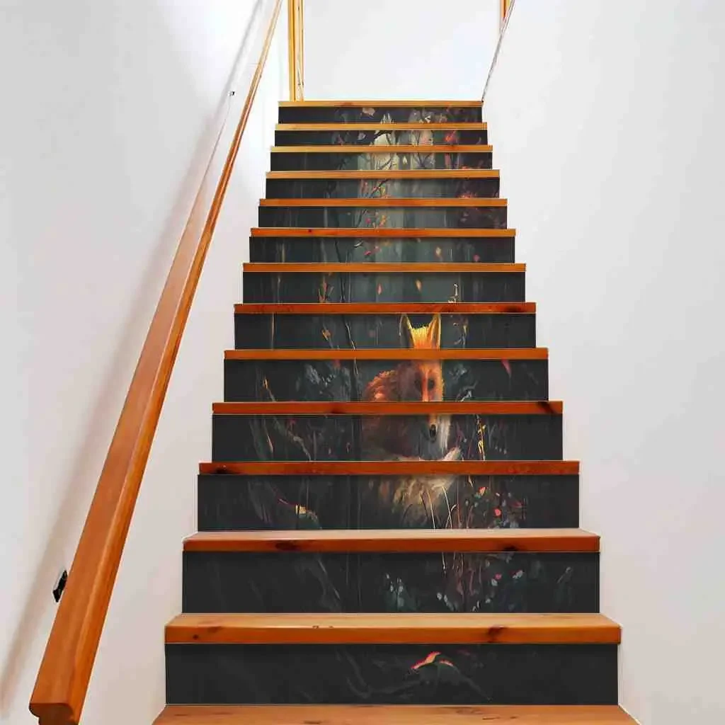 Fox Stair Stickers Lovely Orange Animal Staircase Riser Mural Wildlife Forest Self-Adhesive Removable Stair Decals Indoor Decor