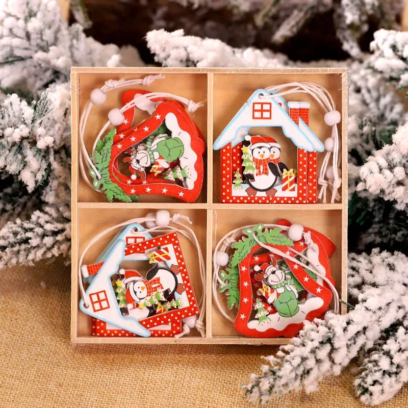 12/9Pcs Christmas Wooden Pendant Snowflake Xmas Tree Hanging Ornaments Christmas Decorations for Home Navidad Gift New Year