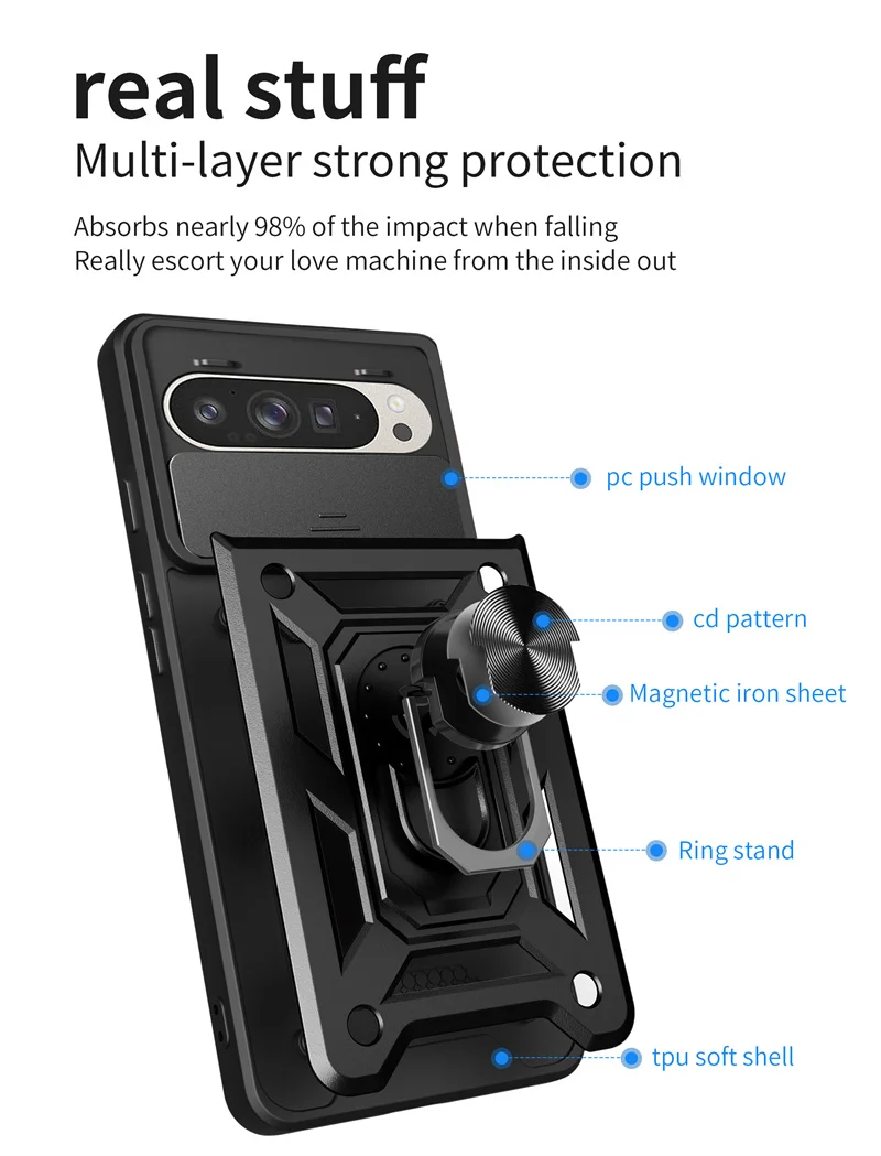 Armadura à prova de choque funda para google pixel 9 pro xl 5g lente deslizante proteger caso do telefone para google pixel9 pro xl 9pro anel suporte capa