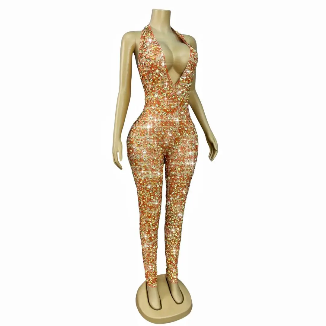 Sparkly Rhinestone Printing Tight Fitting Jumpsuit Event Party Sexy Night Club DJ Stage Dance Performance Sexy Outfit Qianjihua