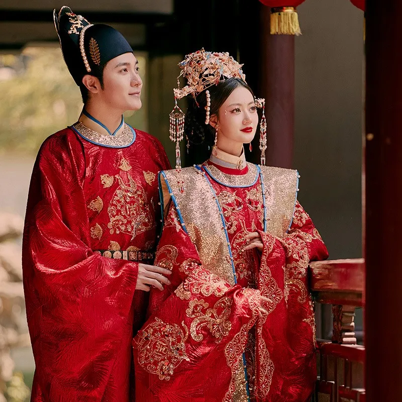 

Han wedding couple set phoenix crown and red dress ancient Chinese-style dragon gown