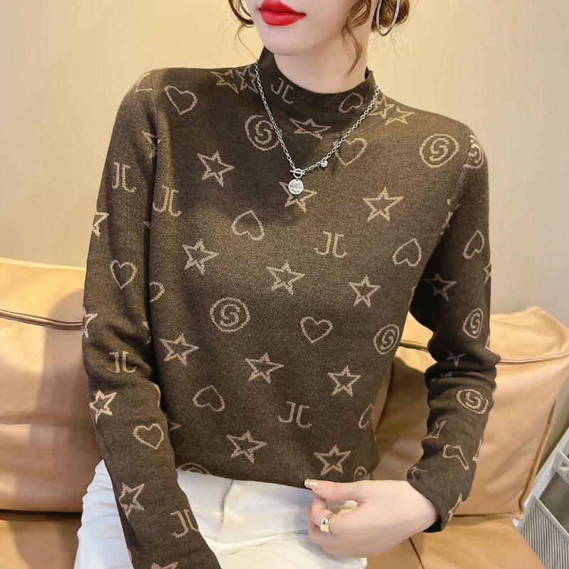 Koreańska moda Jesienne swetry damskie Mock Neck Letter Jacquard Weave Simplicity All-match Long Sleeve Pullovers Dzianinowe topy