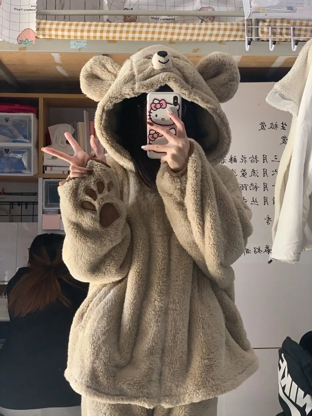 

Autumn Winter Cute Bear Ears Coral Fleece Hooded Loungewear Women Sweet Kawaii Warm Homewear Girls Lounge Sleepwear 2PC Set