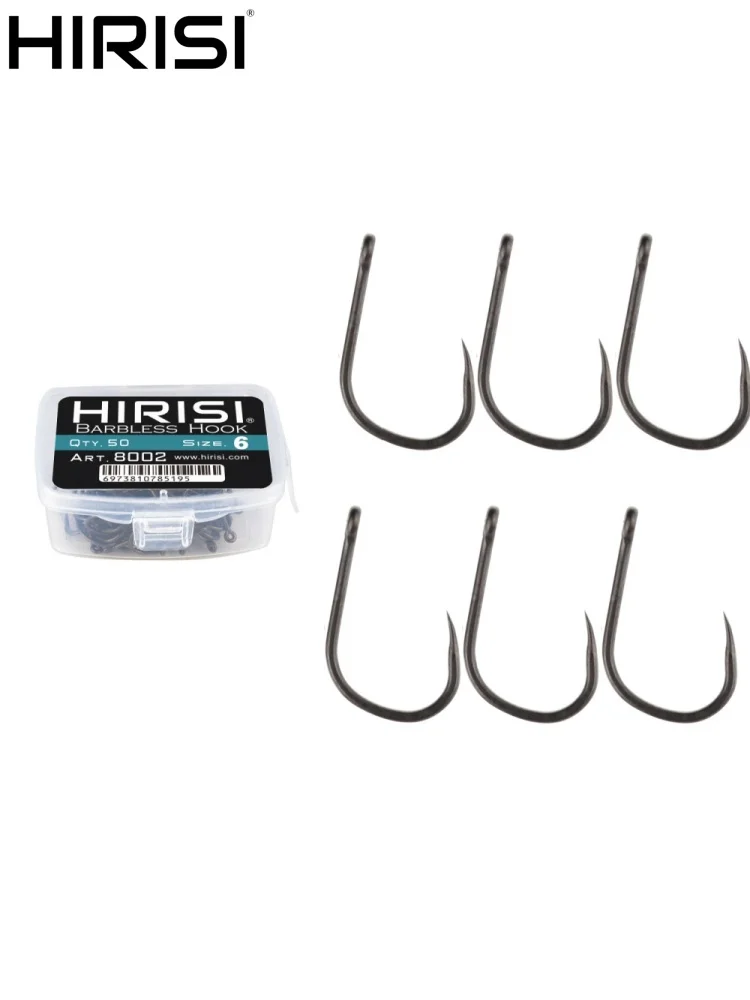 Hirisi – hameçons de pêche sans ardillon, 50 pièces, revêtement en PTFE, acier à haute teneur en carbone 8002