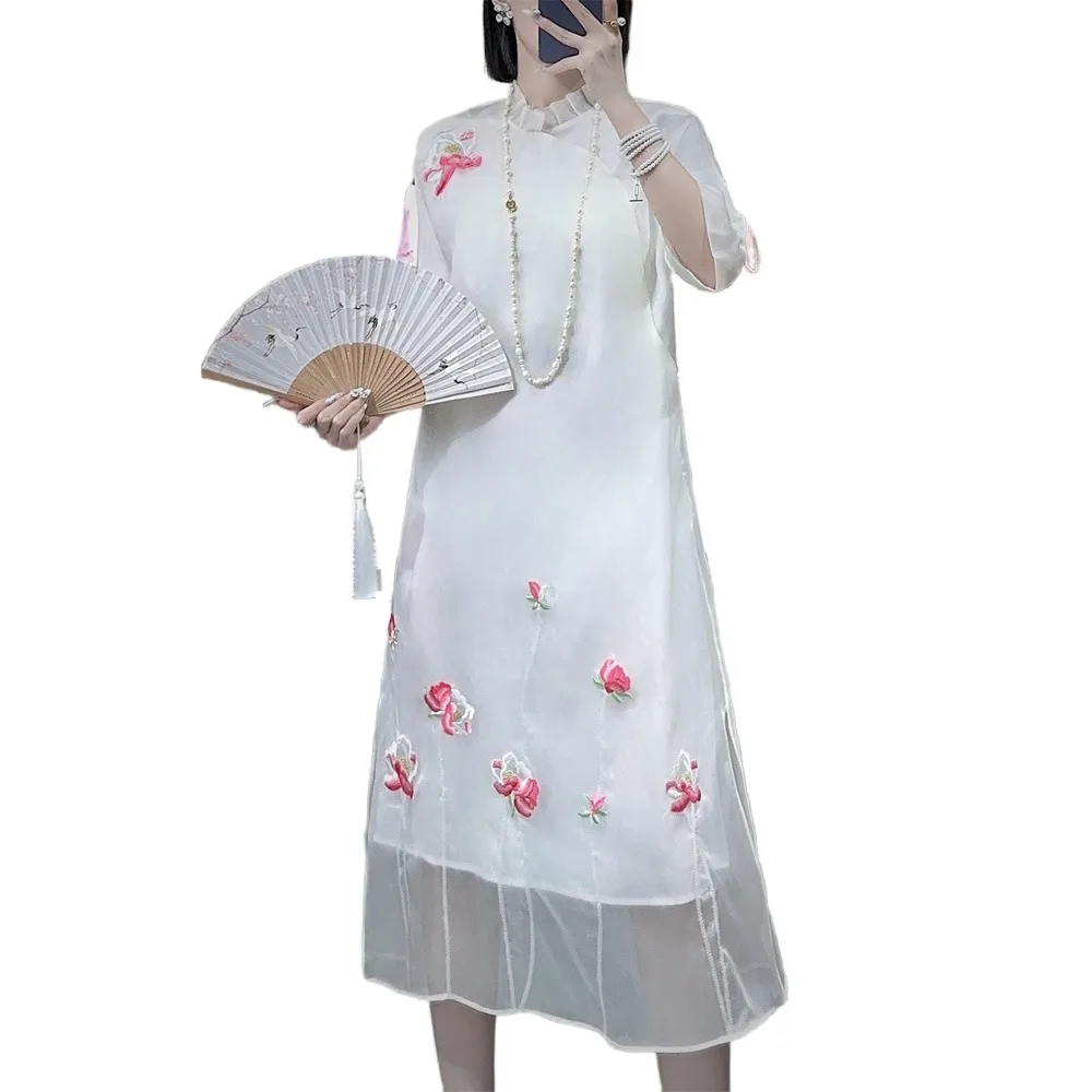 

High-end Spring Summer Women Royal Cheongsam Dress Retro Elegant Embroidery A-line Lady Party Silk Qipao