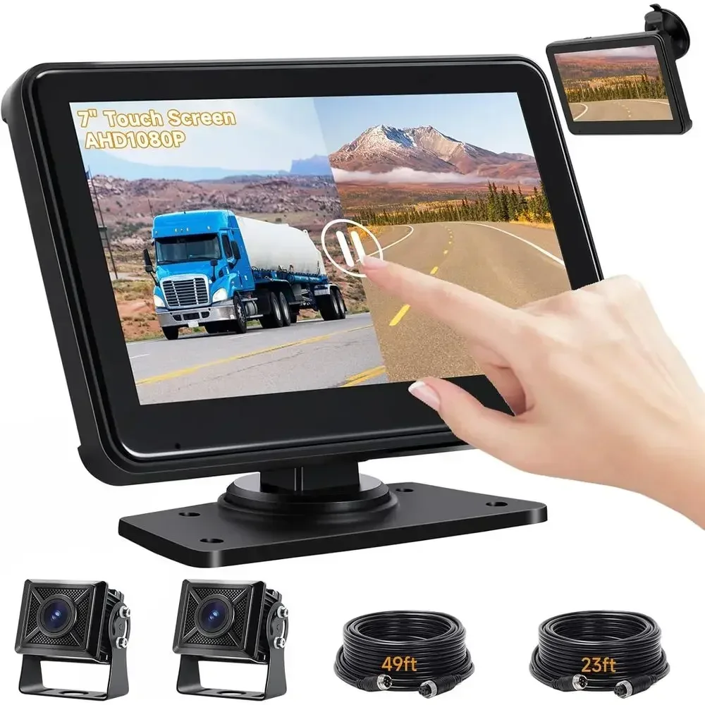 7'' HD1080P Wired Backup Camera System with Touch Screen Monitor, 2 Wired Rear View Cameras, Colorful Night Vision& IP68 Rated &