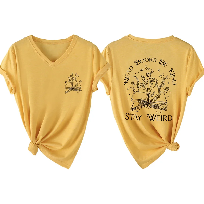 New summer fashion cotton V-neck vintage women's short sleeve read books be kind stay weird casual double-sided printed T-shirt