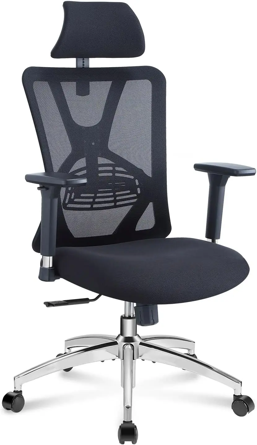 Silla de oficina ergonómica con respaldo alto, asiento de escritorio con soporte Lumbar ajustable, reposacabezas y reposabrazos de Metal 3D