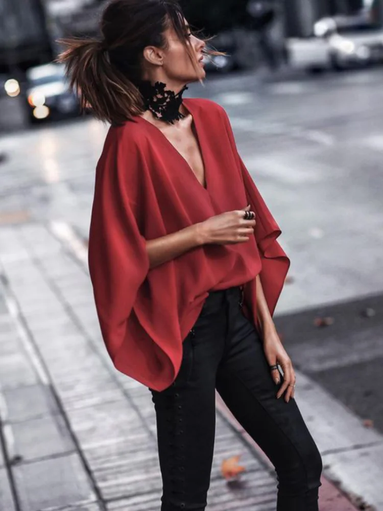 

Onecozyday Solid Red Elegant Shirt Top for Urban Women 2024 Summer Stylish V-neck Batwing Sleeve Blouse Loose Fit T-shirt