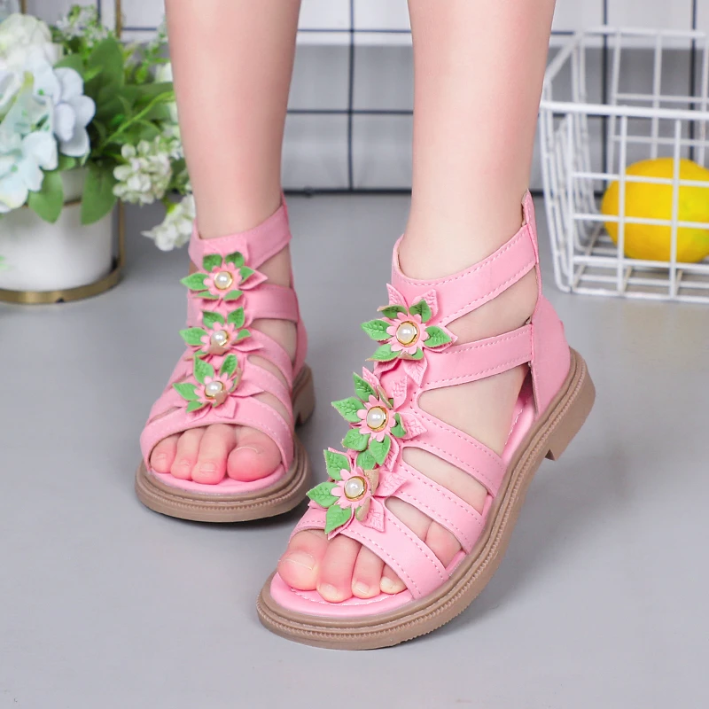 

Children's Girls GLADIATOR Sandals Solid Color Open Toe Artificial Flower with Pearls Unique Back Zipper Fashion Kids Shoes 2023