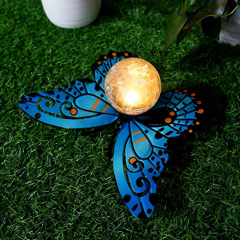 

Металлические садовые статуэтки-бабочки, скульптуры, украшения, солнечные светильники, уличные водонепроницаемые светодиодные шары из треснувшего стекла, декор для двора, подарок