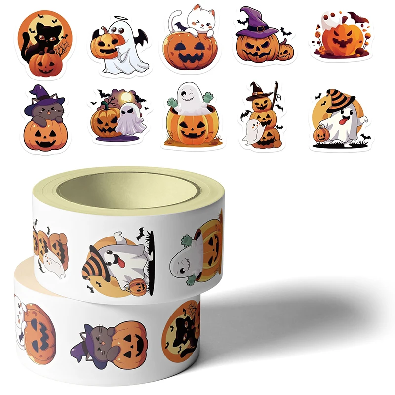 500PCS Halloween Pumpkin Stickers Roll Round Halloween Stickers Pumpkin Ghost Cat Shape Decals Halloween Praty Decorations