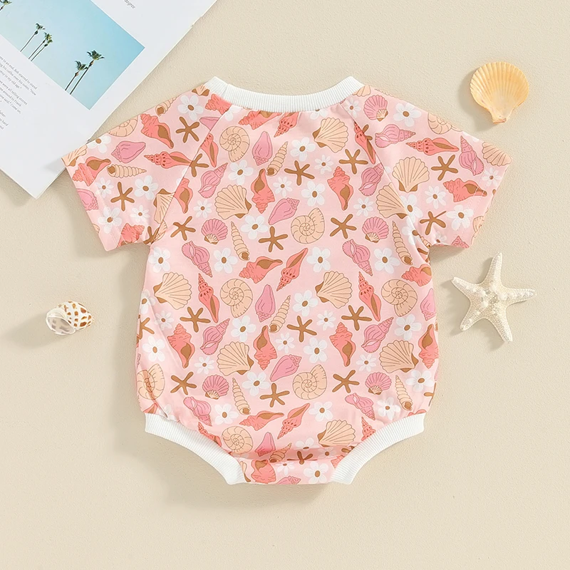 Blotona Baby Girls Summer Casual Romper Pink Short Sleeve Crewneck Seashell Print Romper 0-18Months