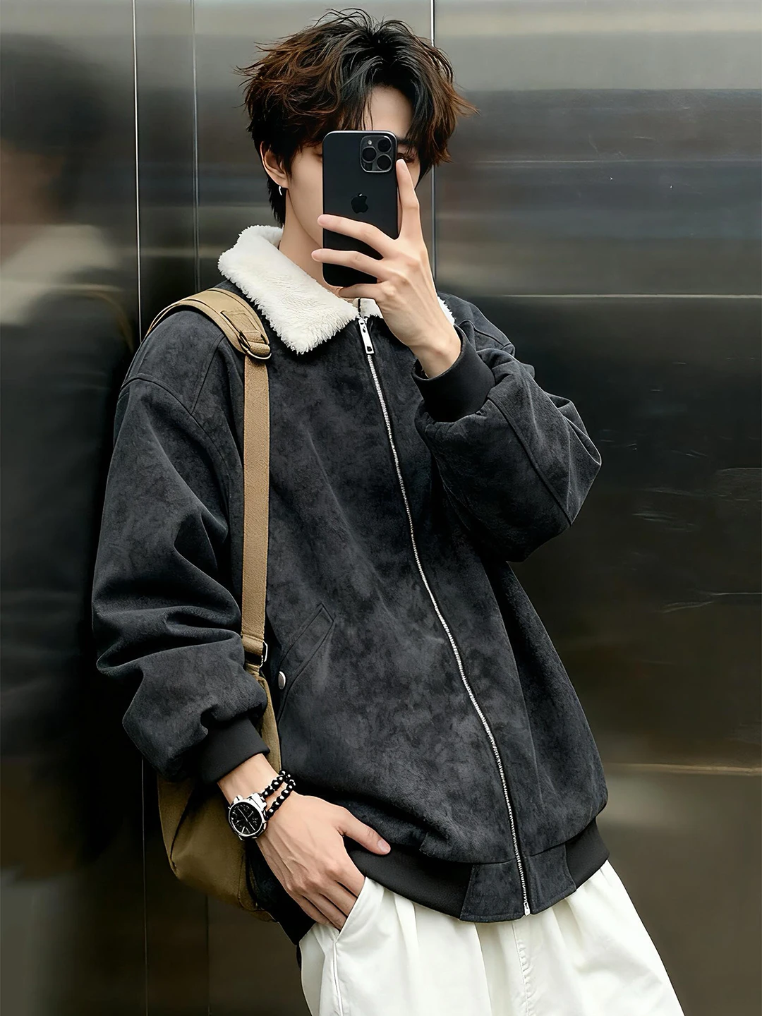 

Мужская зимняя куртка из искусственной кожи с воротником из бархата, утепленная хлопком, повседневная, на молнии, в стиле Cleanfit