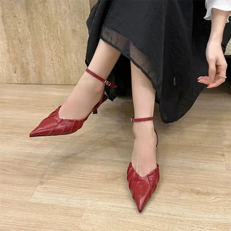 Fashion Design Pleated PU Leather Pumps Women Thin Heels Sandals Sexy Buckle Strap Party Wedding Shoes