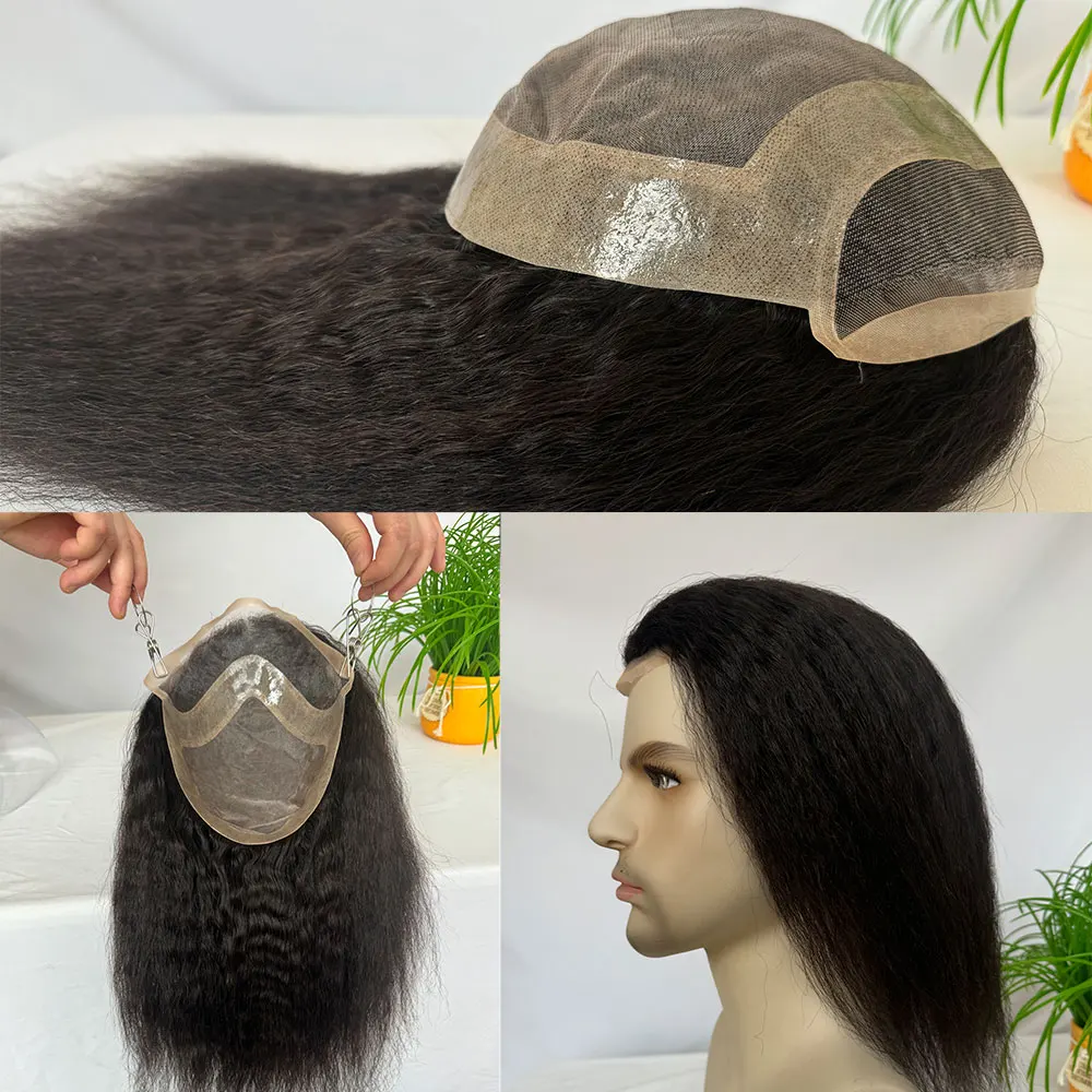 Lange Kinky Steil Menselijk Haar Pruiken Mono Kant Met Pu Basis 12Inch Haarstuk 10X8 Toupet Voor Mannen Pruiken Natuurlijke Kleur