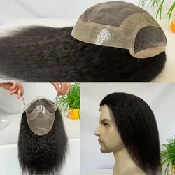 Long Kinky Straight Human Hair Wigs Mono Lace with PU Base 12inch Hairpiece 10x8 Toupee for Men Wigs Natural Color