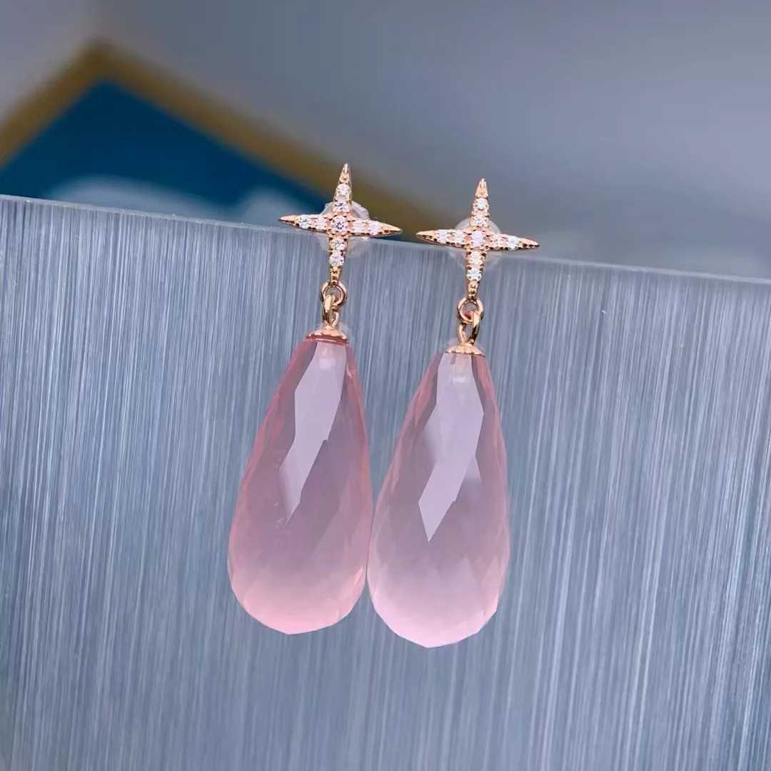 

925 Silver Natural Pink Quartz Teardrop Earrings, 11*22mm Crystal Dangle Jewelry Gift for Women