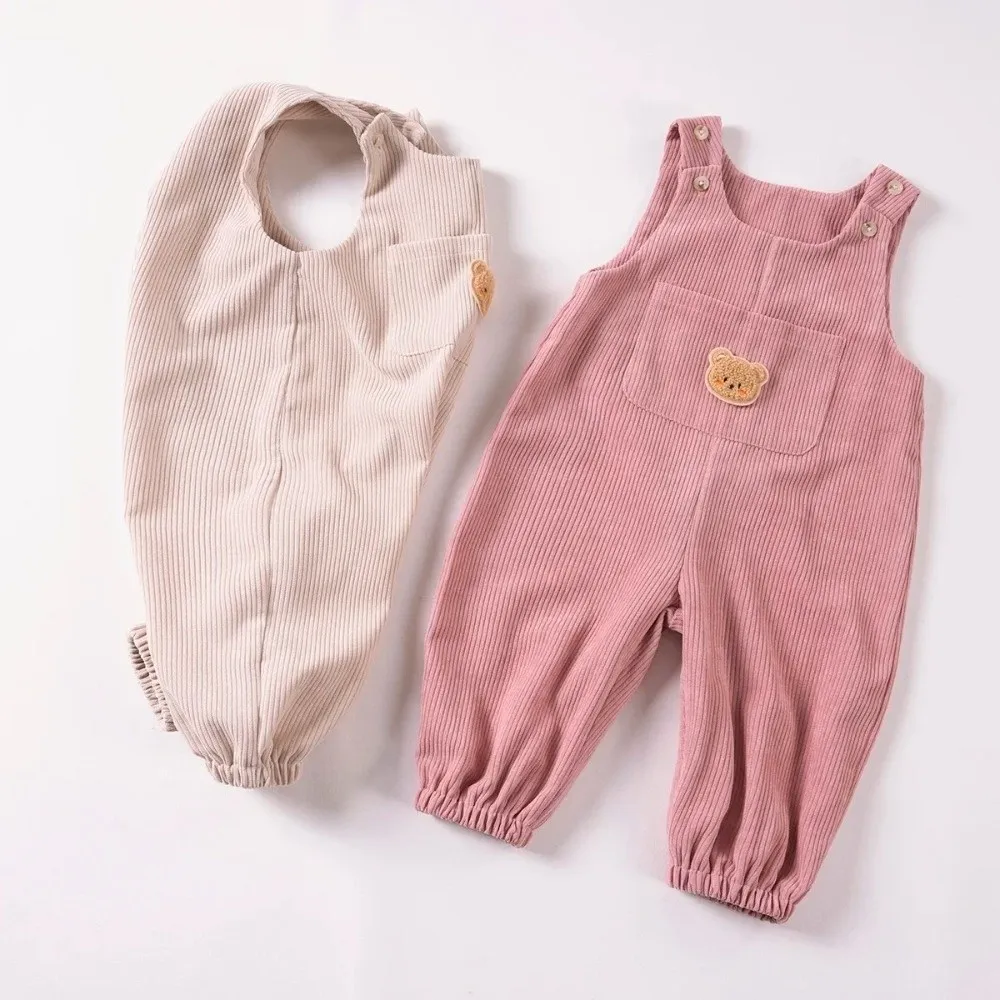Cute Bear Graphic Baby Jumpsuits with Small Pocket Costume Toddler Overalls Denim Bib Pants Newborn Bodysuits for Spring Autumn