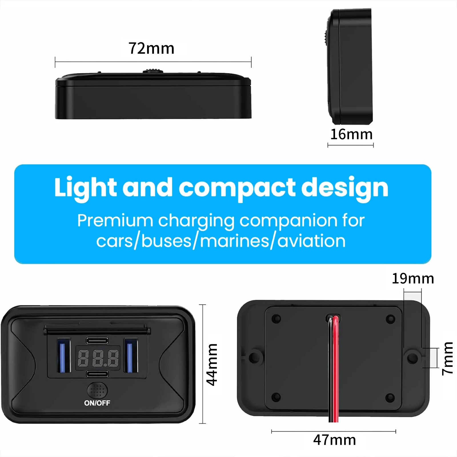 12V USB Car Charger Dual QC 3.0 & Dual PD 3.0 Switch Panel Wall Mount Power Outlet for Marine Boat ATV RV