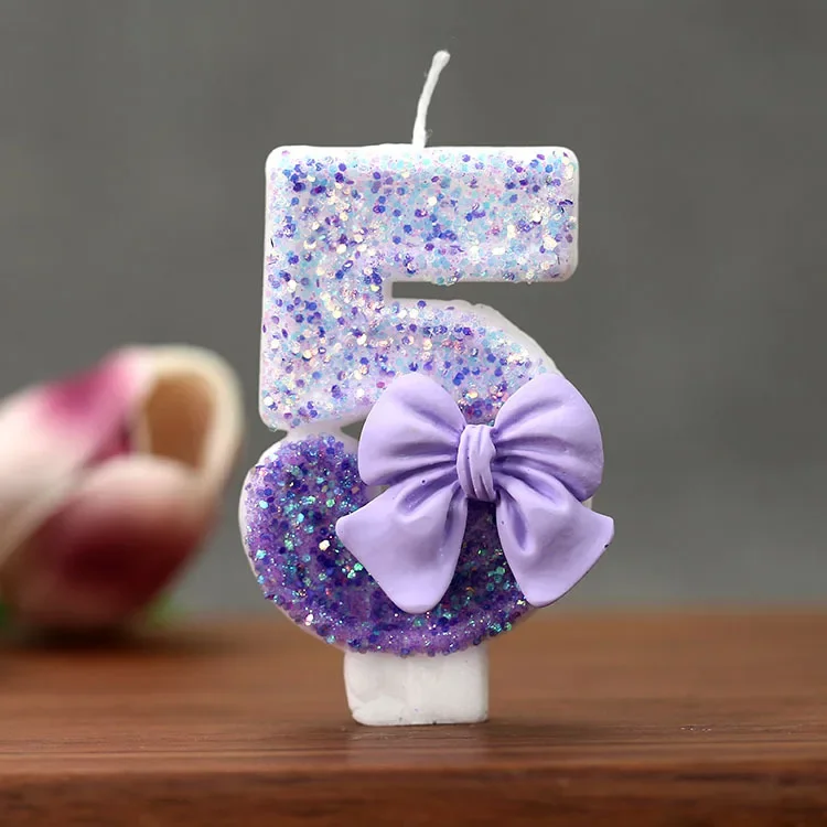 Gradient Purple Bow 0-9 Number Candle Cake Birthday Candle Creative Birthday Cake Decoration Supplies Party Decoration Candle