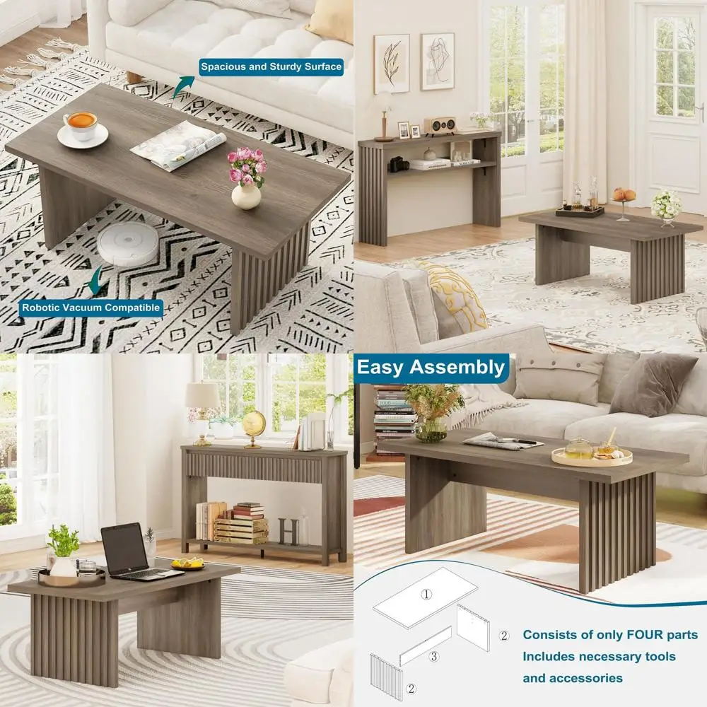 

Elegant Greige Oak Rectangle Coffee Table, 43 for Living Room & Office