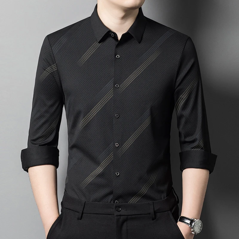 

Мужская деловая рубашка с длинным рукавом, эластичная, немнущаяся, в полоску, приталенная, для офиса, 2026
