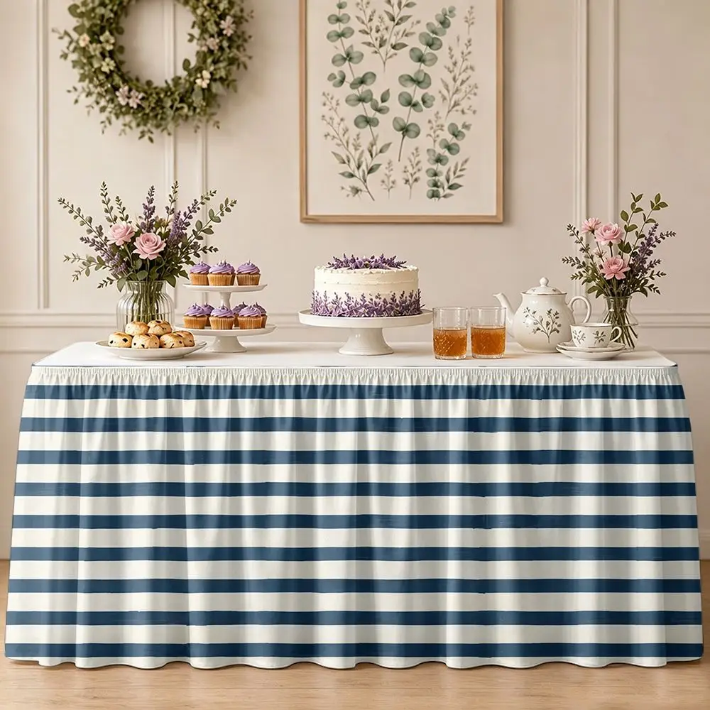 One-piece party table skirt decoration - blue and white horizontal striped ruffled table edge
