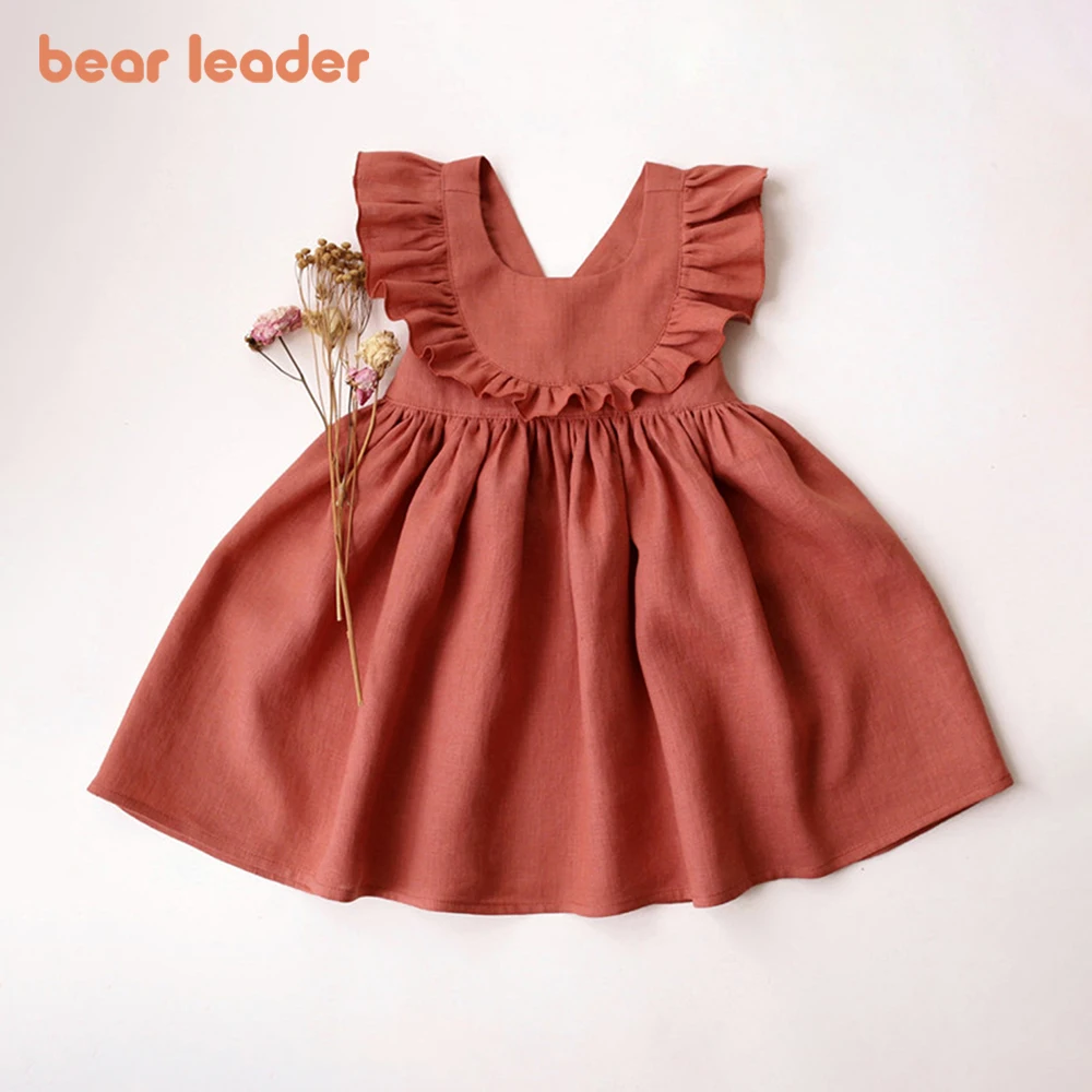 Bear Leader Cotton Red Dresses Baby Girls Solid Color Backless Casual Wear 2 -6Y Round Necked Wooden Ear Edge Kids Clothes