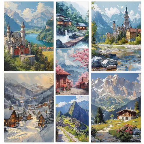 Clássico neve montanha cachoeira castelo aldeia cenário ilustração cartaz pinturas em tela arte da parede fotos decoração de casa