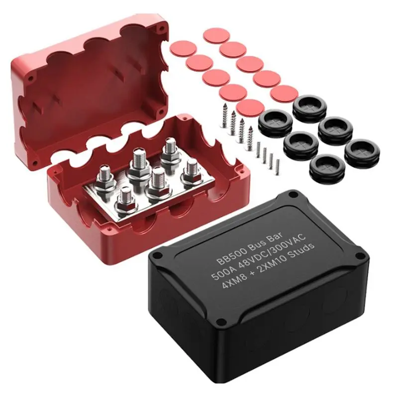 AEA6-500A Marine Bus Bar 48V Automotive Power Distribution Block Big Current 6 Studs Plastic Cover Parts For Car Boat Auto Black