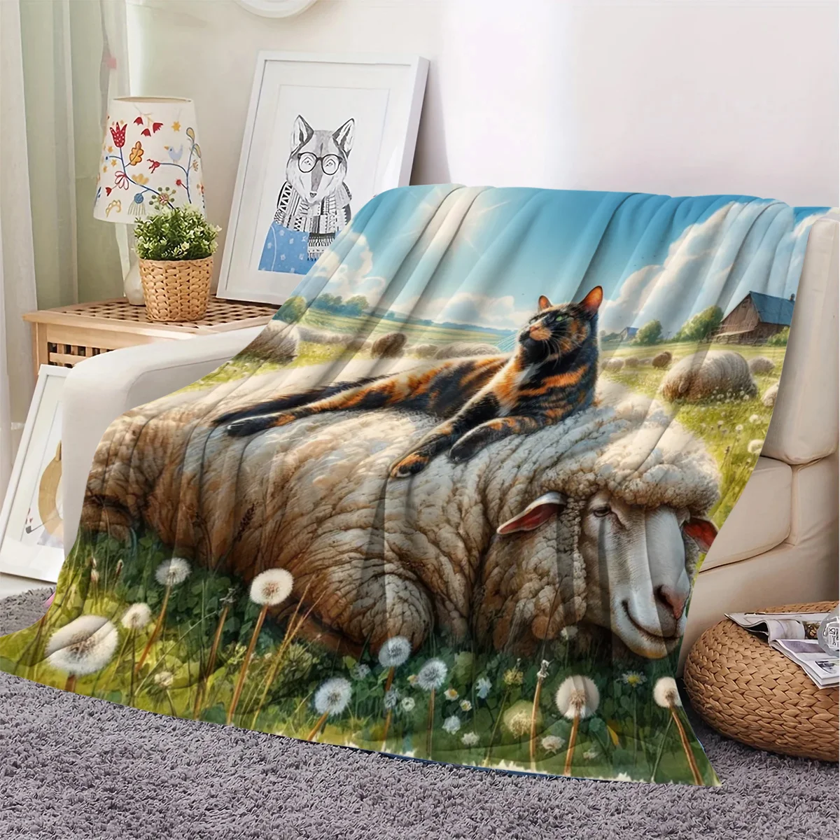 Dandelion Animal Lamb with Cat Pattern Flannel Small Throw Blanket, a Soft and Warm Blanket Suitable for Sofa Blankets, Home Lei