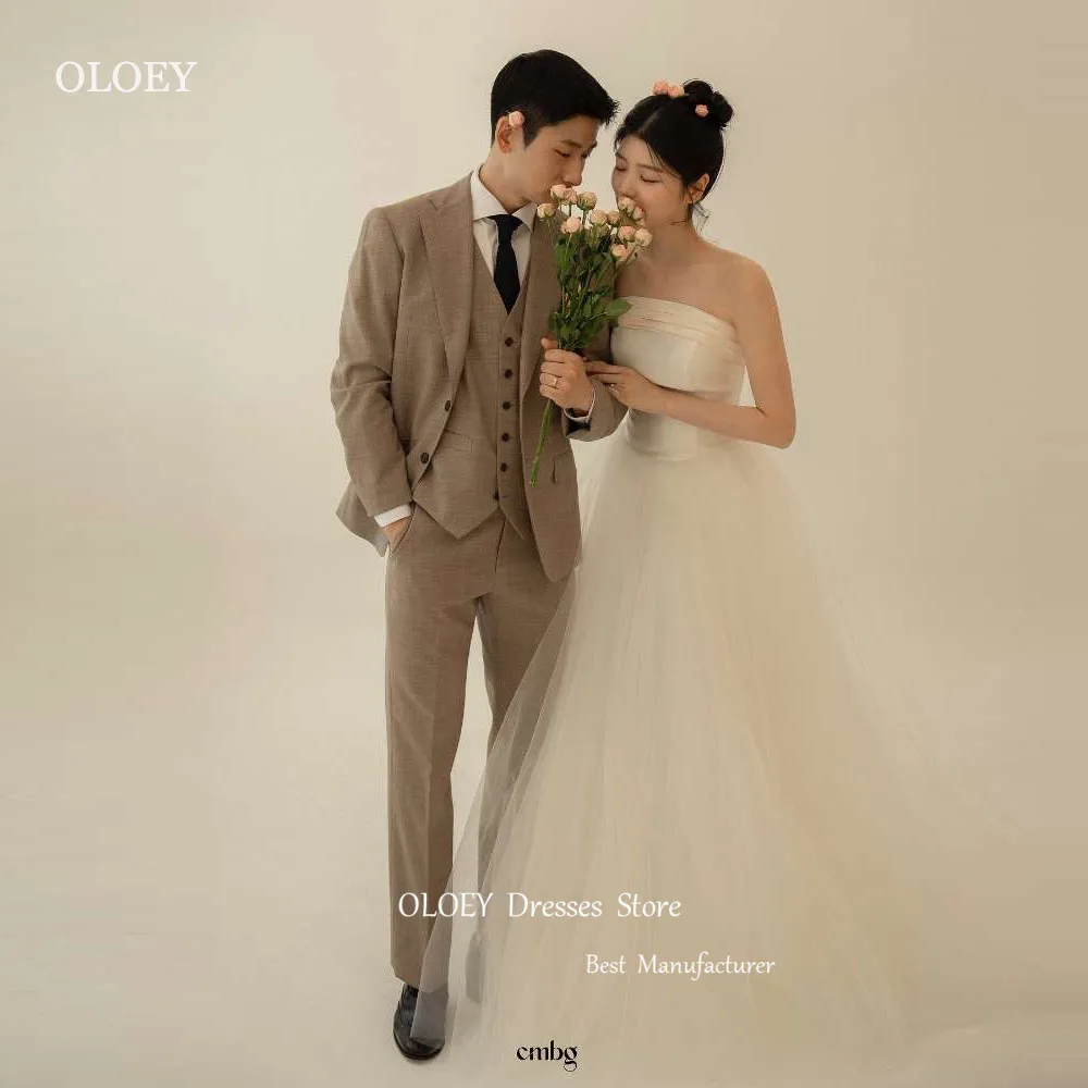 

OLOEY Simple A Line Tulle Wedding Dresses Korea Photoshoot Strapless Floor Length Corset Back Bridal Gowns Mariage Plain