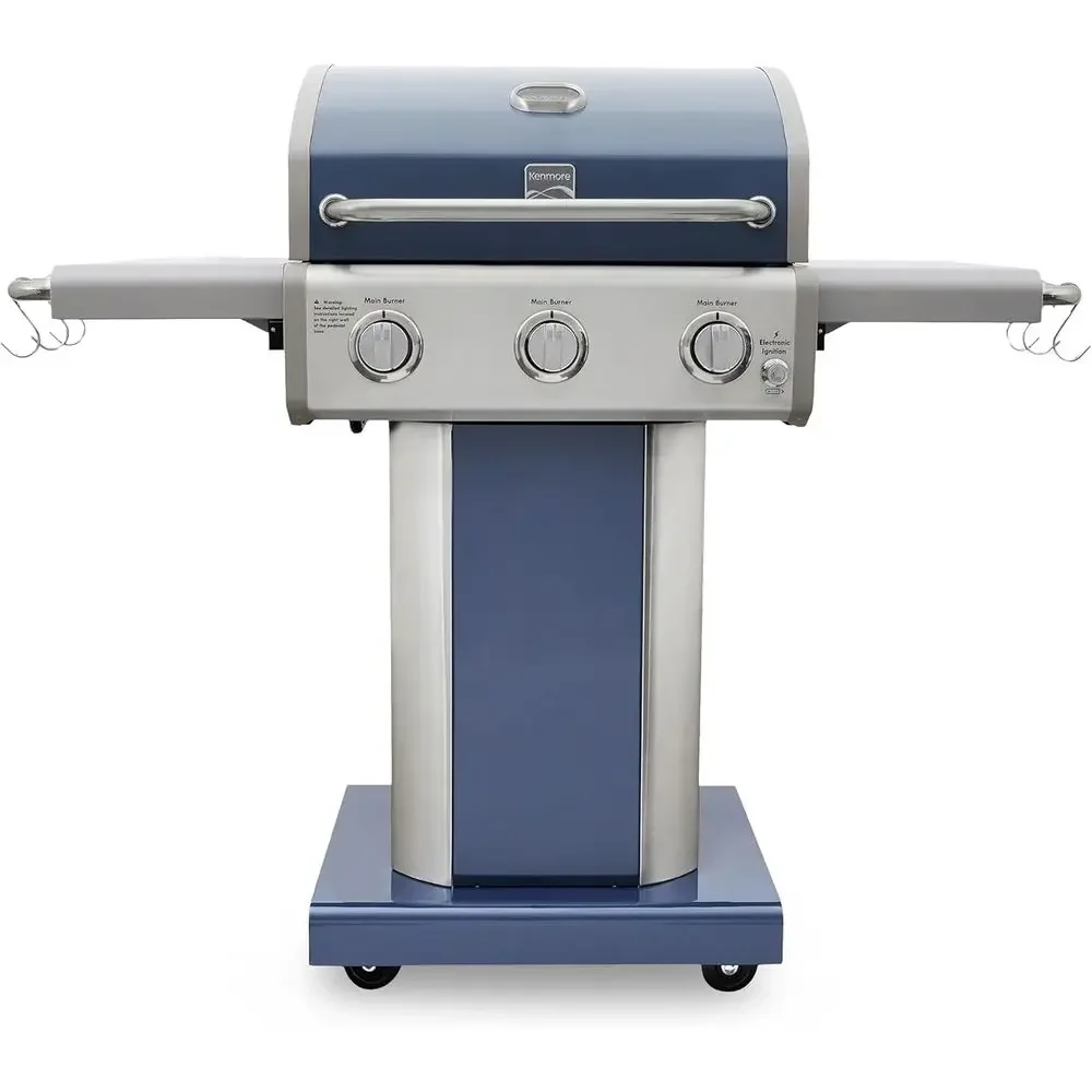 Azure Blue 3-Burner Propane Gas Grill with 30,000 BTU, Cast Iron Grates, Side Tables, and Wheels