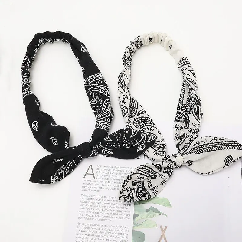 2 Pcs Printed Rabbit Ear Knotted Hair Band With Cashew Nut Printed Fabric Cross Elastic Headband Headwear