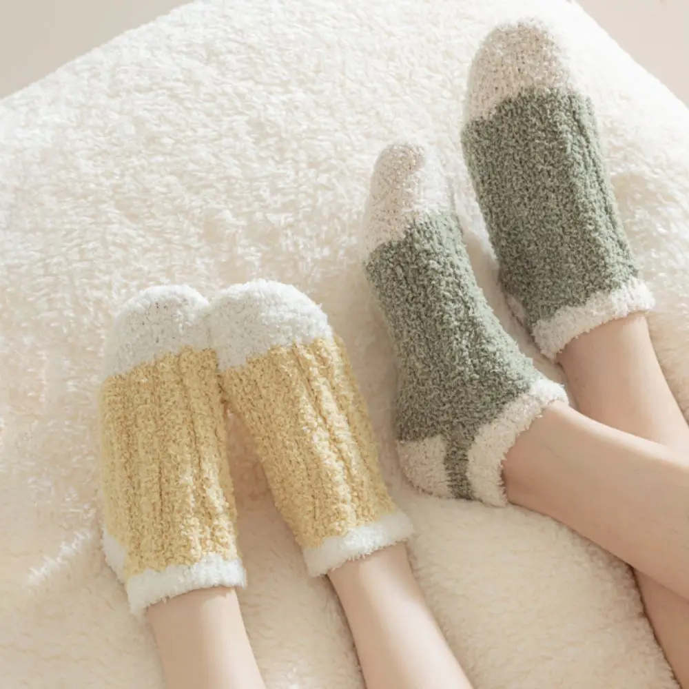3Pairs Cute Thickened Coral Fleece Socks Patchwork Sleeping Floor Plush Socks Hosiery Simple Warm Boat Socks Women Autumn