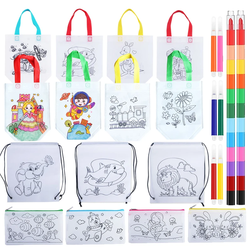 

5/10pcs Graffiti Storage Bag Non-woven Fabric Handbag Drawstring Bag Knapsack Pencil Case Cartoon Pattern Art Painting Props TMZ