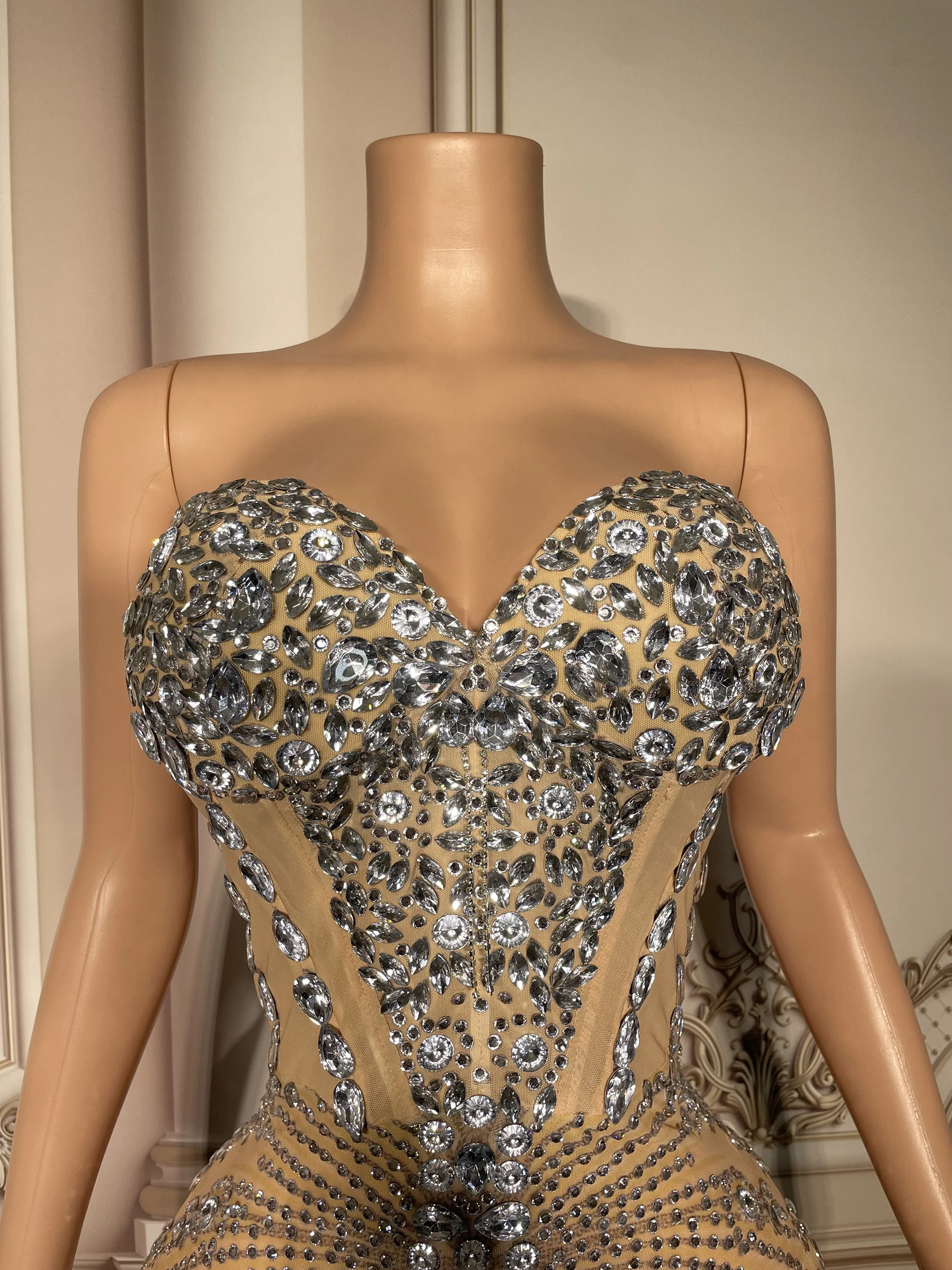 ZD 라인스톤 장식 미니 이브닝 드레스 반짝이는 다이아몬드 섹시한 프롬 드레스 여성 무대 공연 생일 파티용