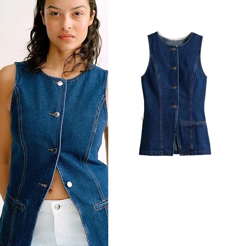 

Spring New Women's Slim Fit round Ne Open Hem Denim Vest Faion Casual Original Design Polyester Fiber Single Button Closure