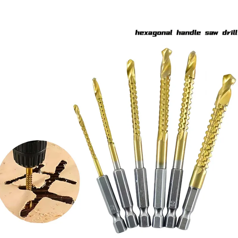 6-teiliges Set gezahnter Spiralbohrer mit Sechskantgriff für Holzbretter, Erweiterungsnuten, gezahnte Hochgeschwindigkeitsstahl-Legierungsbohrer – Detail 7